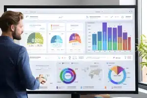 Süper Portal ile SGK ve insan kaynakları süreçlerini tek panelden yöneten şirket yöneticisi dijital ekran üzerinden raporları inceliyor.