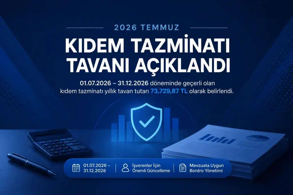 2026 Temmuz dönemi için kıdem tazminatı tavanının 73.729,87 TL olarak açıklandığını gösteren, Rasyotek kurumsal renkleriyle hazırlanmış bordro ve mevzuat odaklı blog görseli.