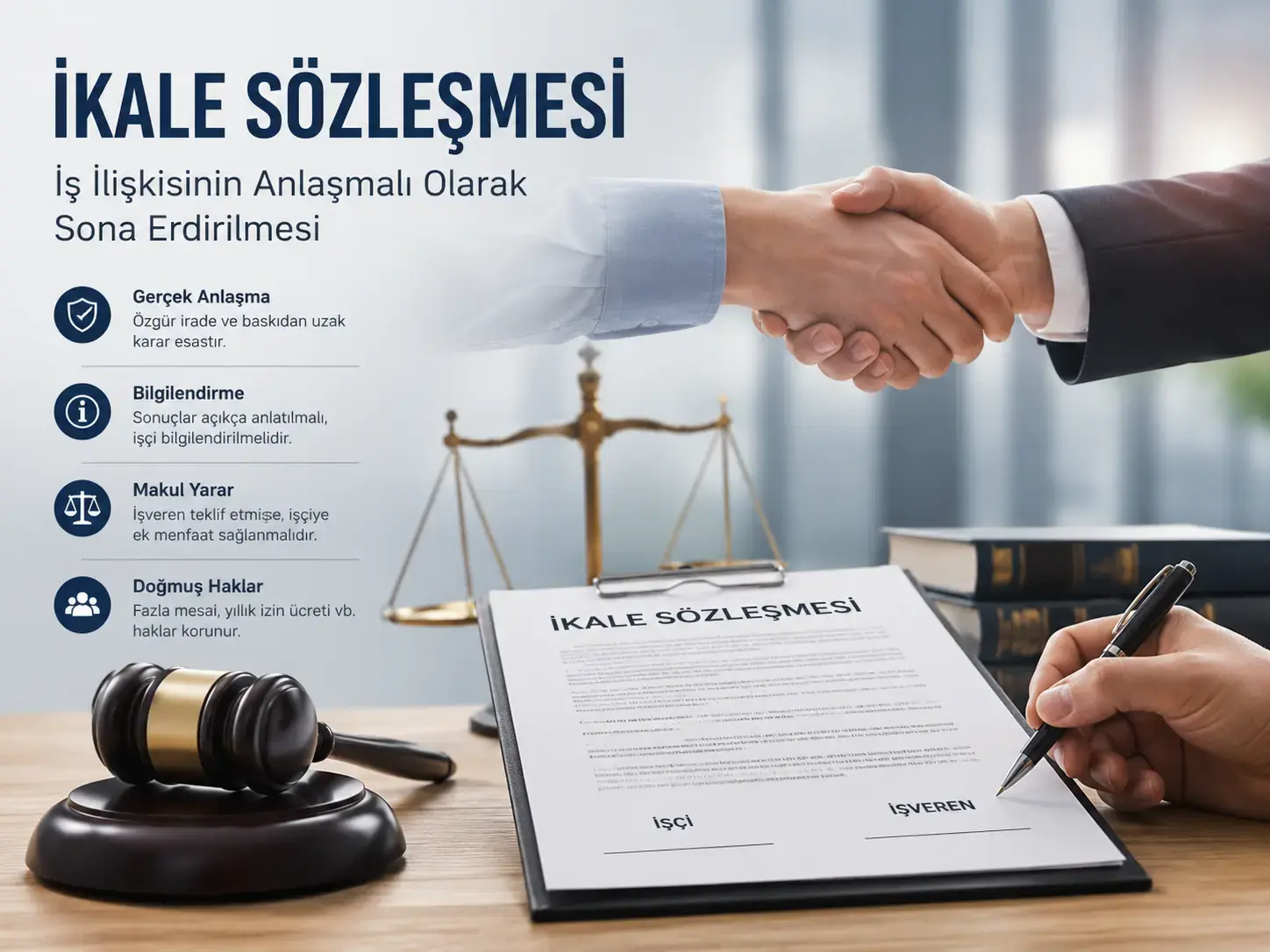İş ilişkisinin ikale sözleşmesi ile sona erdirilmesi, iş güvencesi ve makul yarar şartlarını anlatan iş hukuku görseli.